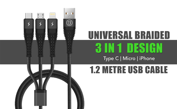 C3 3in1 Multi USB Charger Cable Universal Braided Cable 1.2 Metre